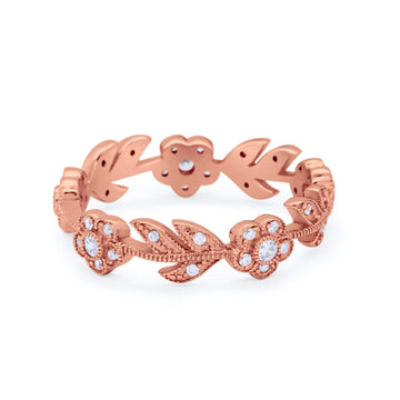Leaf Design Ring Round Eternity Rose Tone, Simulated Cubic Zirconia 925 Sterling Silver
